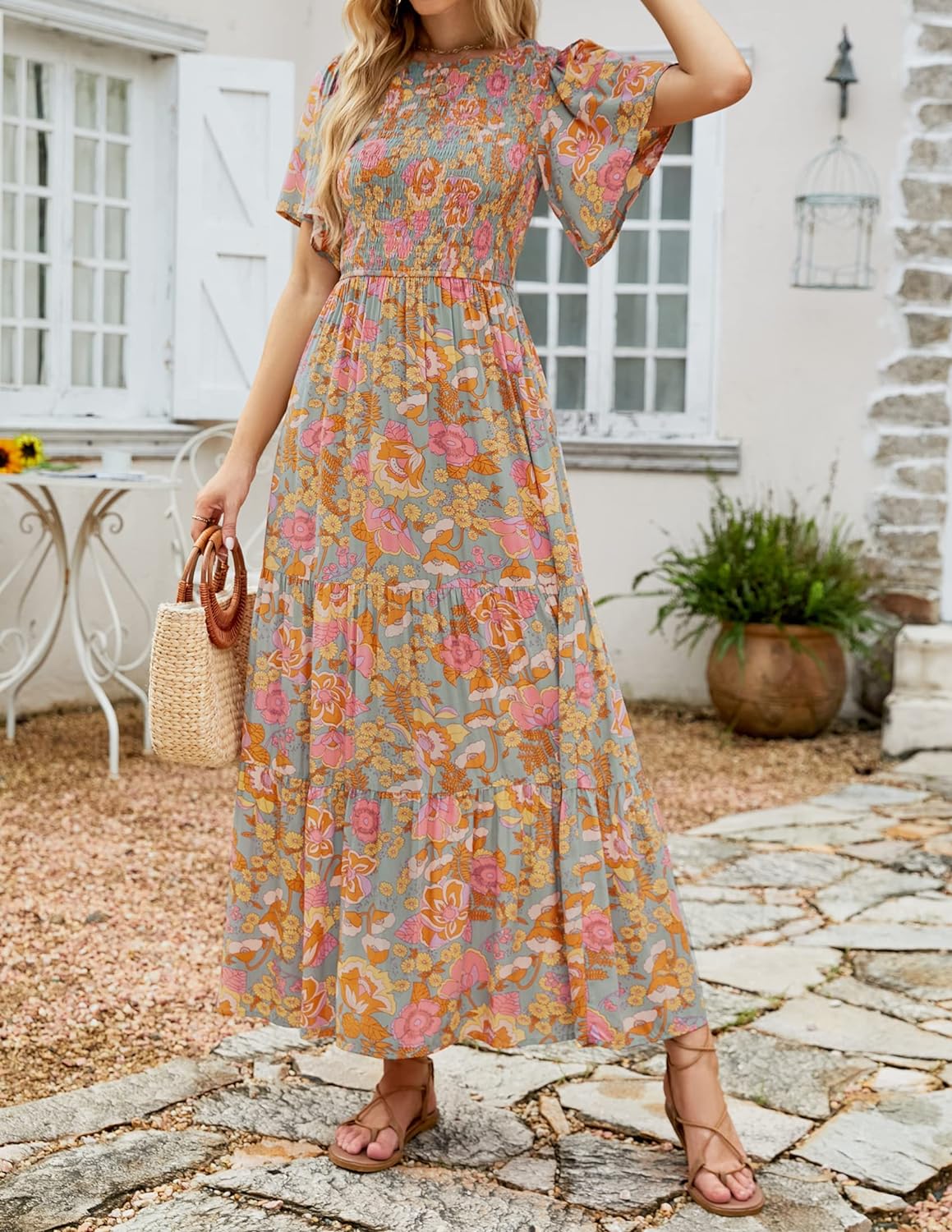 Summer Style Printed Short Design Sleeves Dress