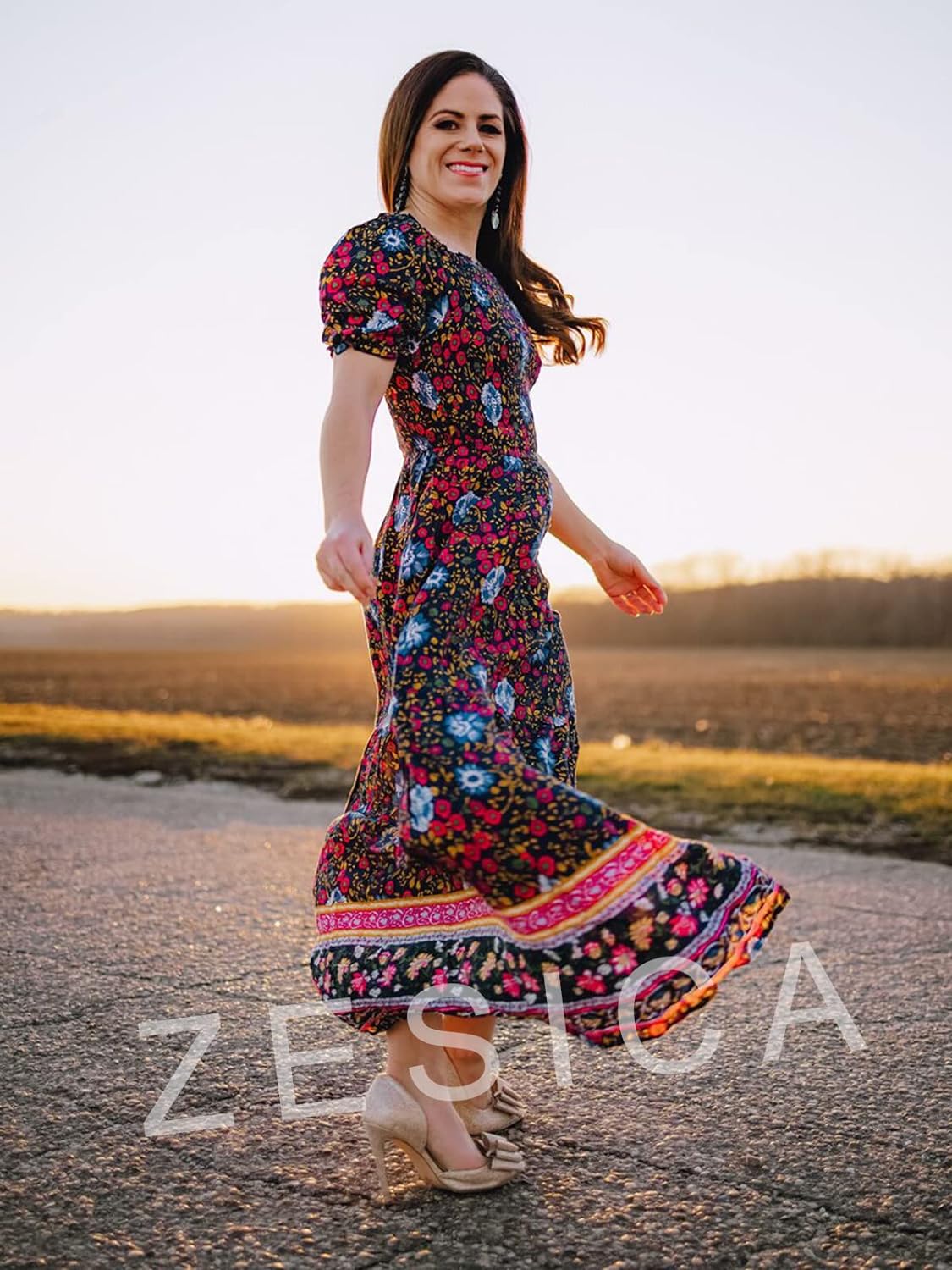 Flowers Print Stylish Dress Long Dress