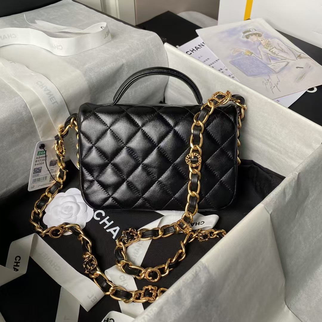 Chanel 24A AS4992 Mini Shiny Lambskin Flap Bag With Top Handle Black