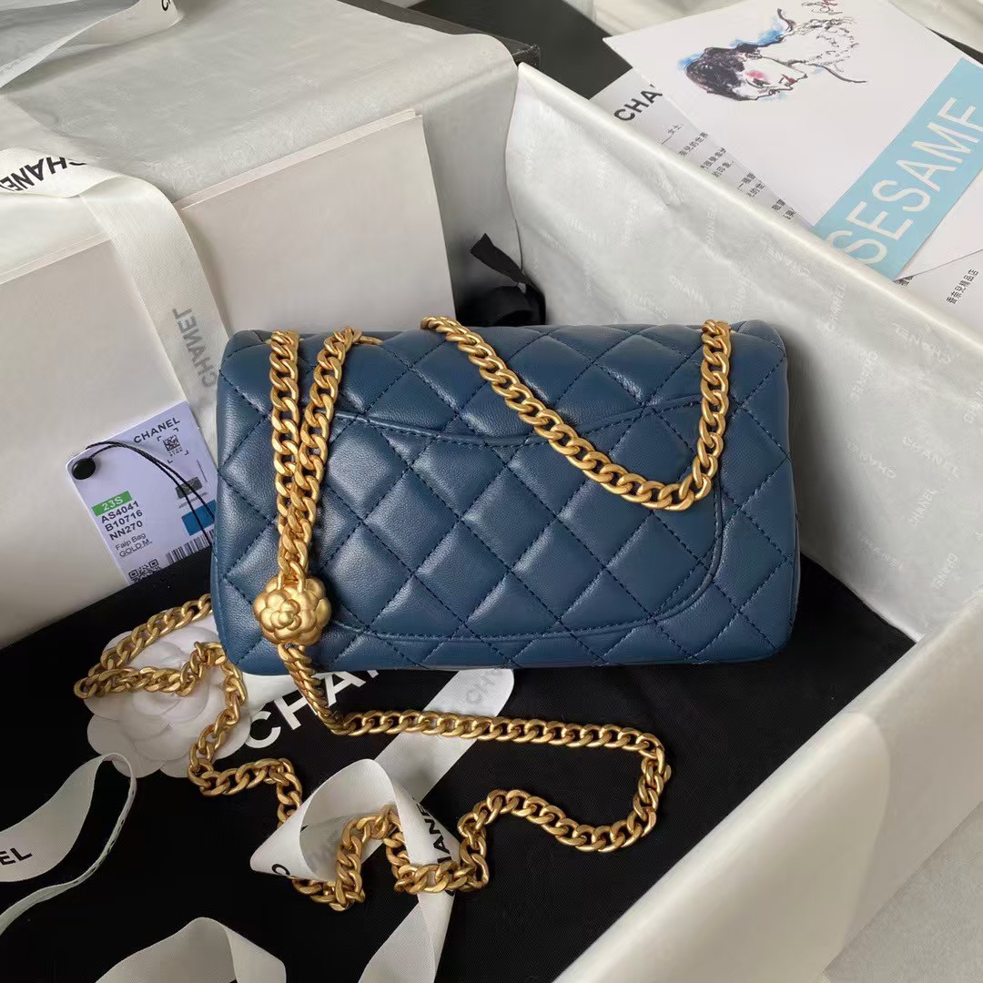 Chanel 23S AS4041 Mini Camellia Embossed Rectangular Flap Bag Antique Gold Hardware Blue