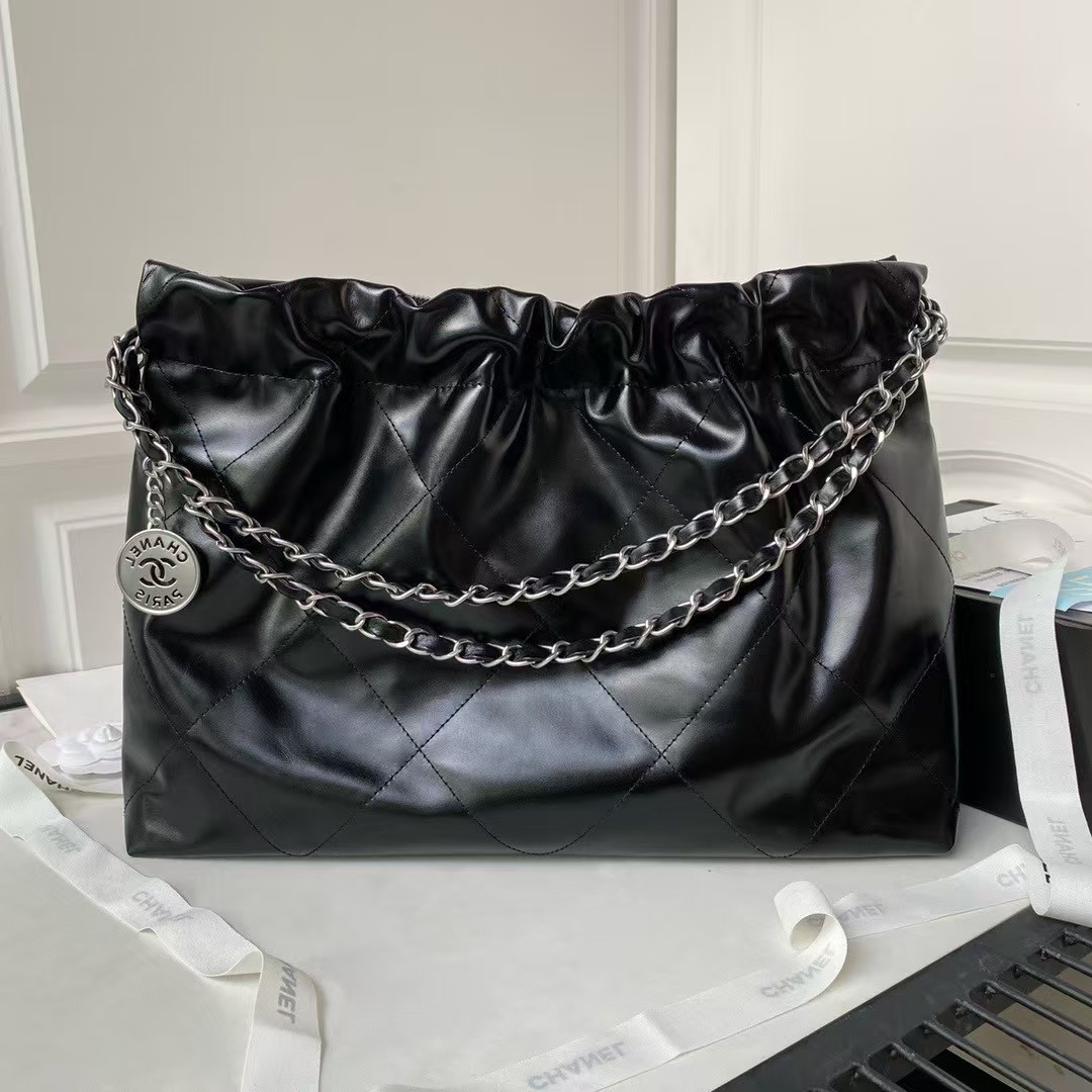 Chanel 22 Hobo Bag 24C AS4486 Silver Metallic Black Shiny Calfskin New Edition Horizontal