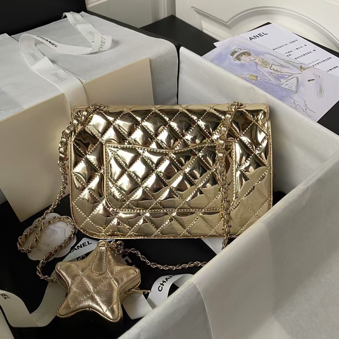 Chanel AS4648 Flap Bag Star Coin Purse Mirrored Calfskin Metallic Calfskin & Gold Metallic Gold