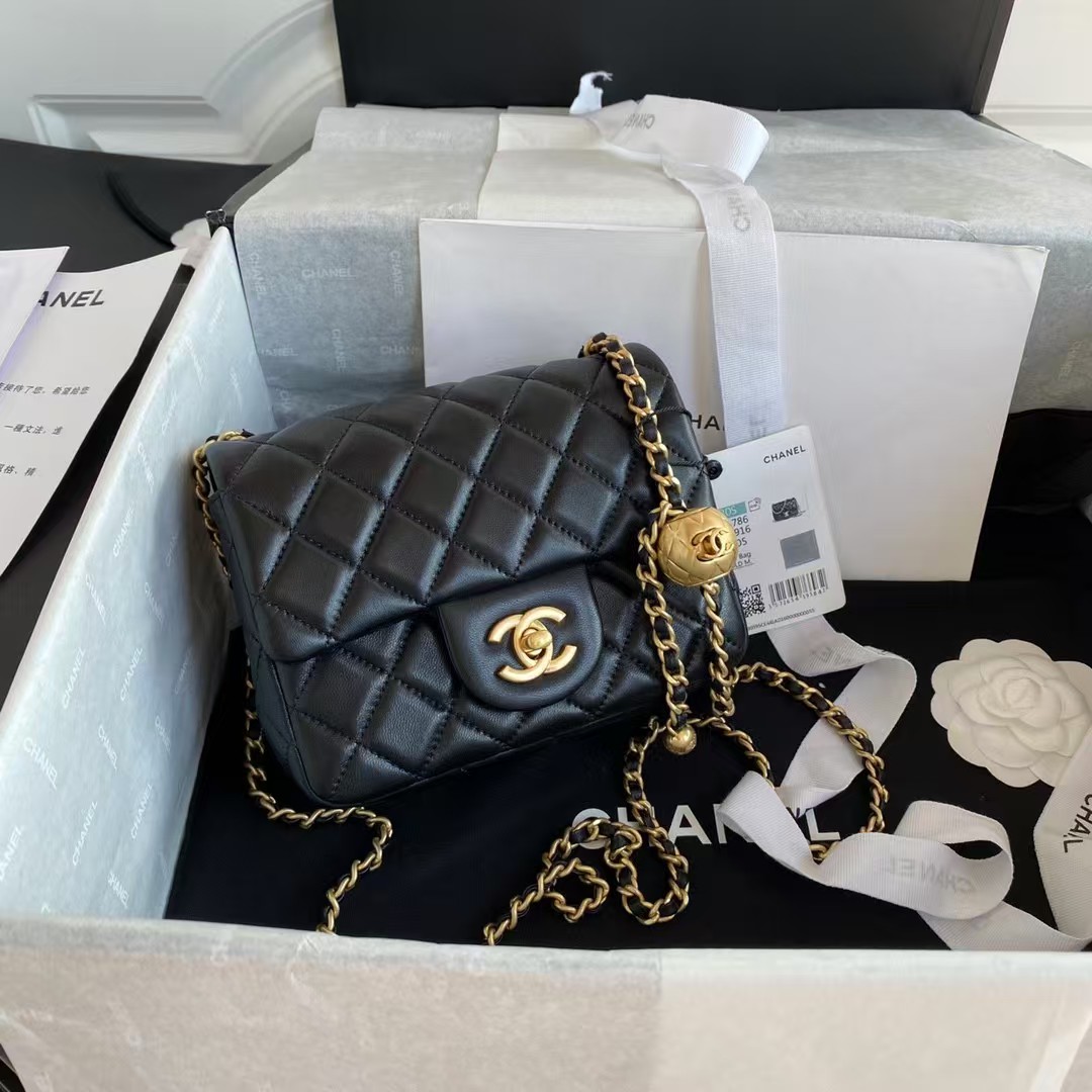 Chanel 23C AS1786 Mini Square Pearl Embossed Flap Bag Antique Gold Hardware Black