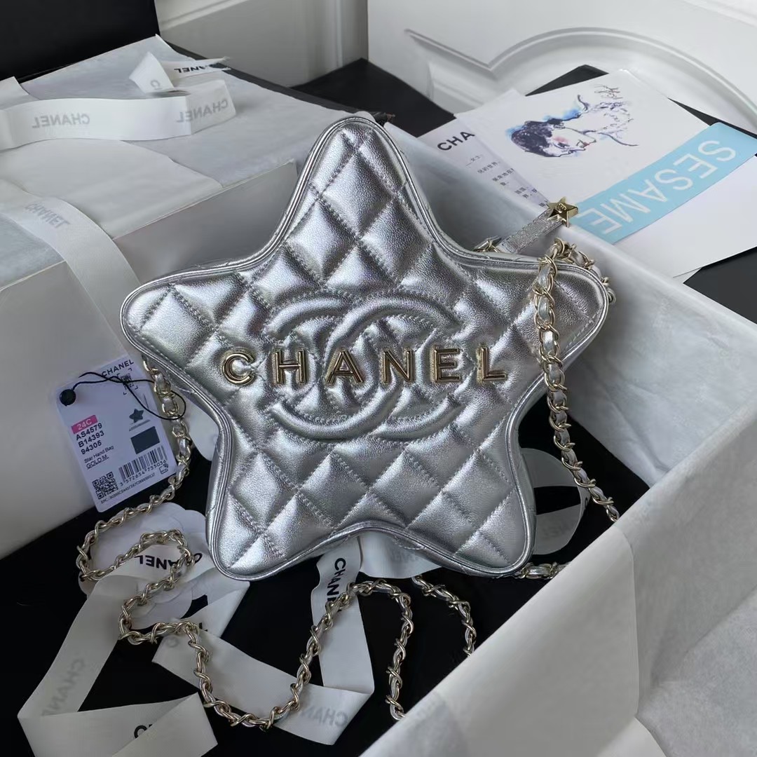 Chanel 24C AS4579 Star Bag Metallic Silver Lambskin Gold Hardware