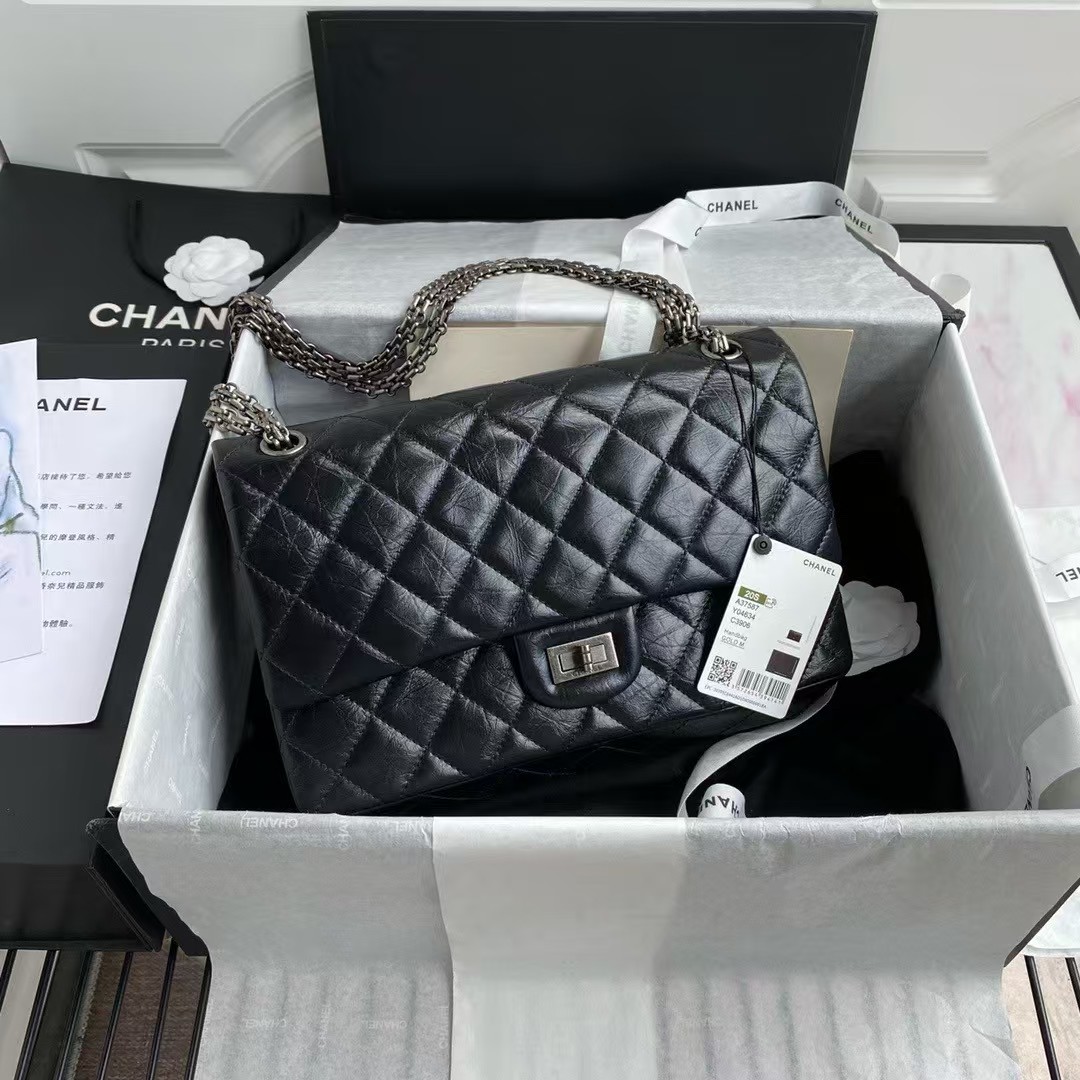 Chanel 23A A37587 Classic Large 2.55 Flap Bag Black Aged Calfskin Ruthenium Hardware