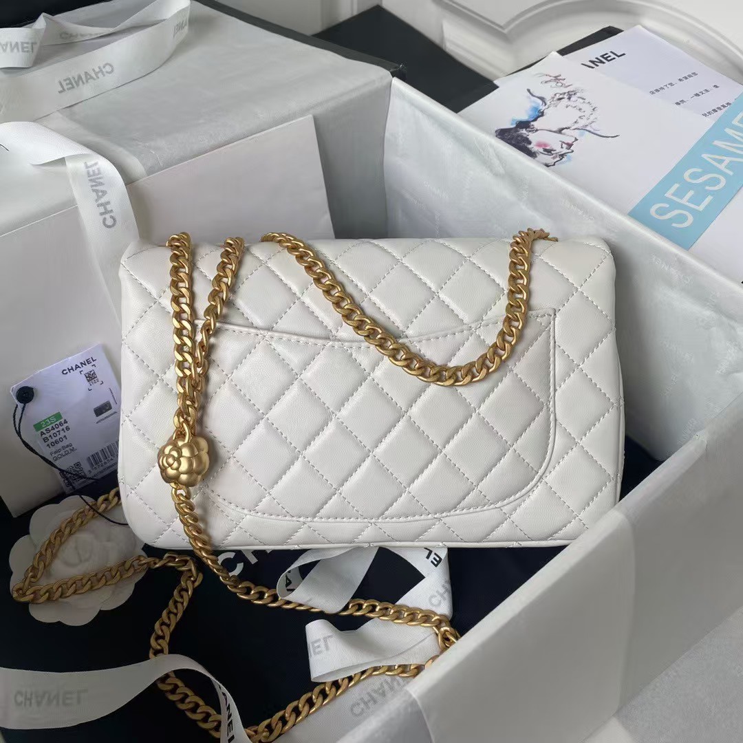 Chanel 23S AS4064 Camellia Embossed Chain Lambskin Flap Bag White