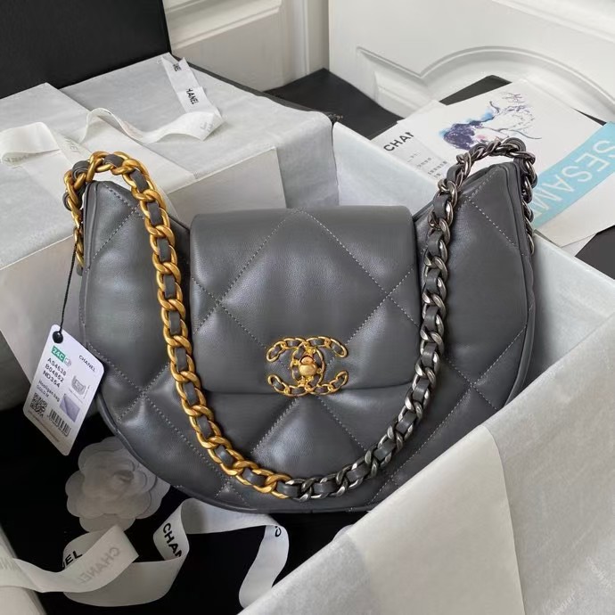Chanel 24C AS4638 19 Hobo Bag Grey Lambskin Mixed Metal Hardware