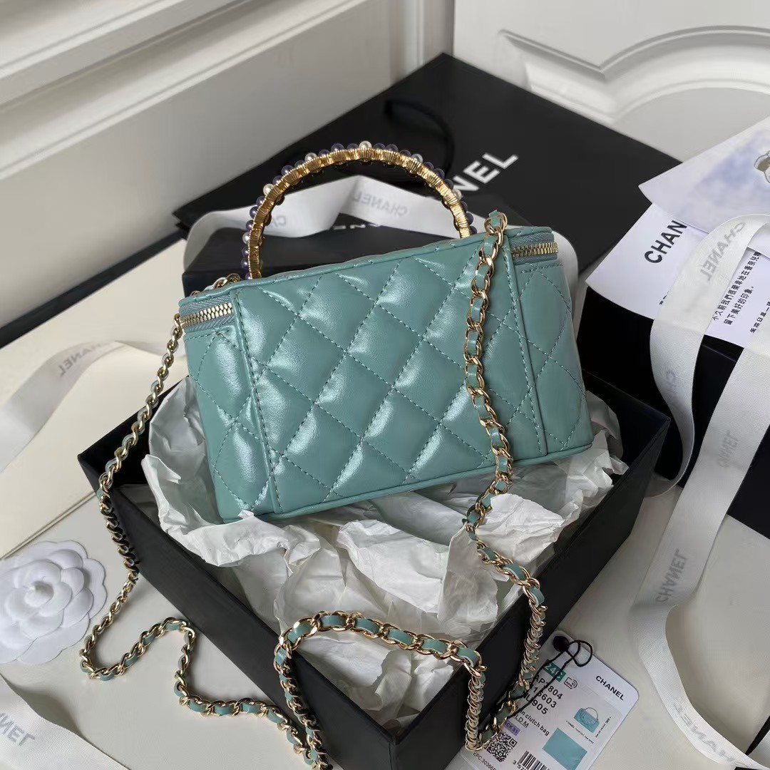Chanel AP3804 Clutch Lambskin Cosmetic Bag With Pearl Handle Green