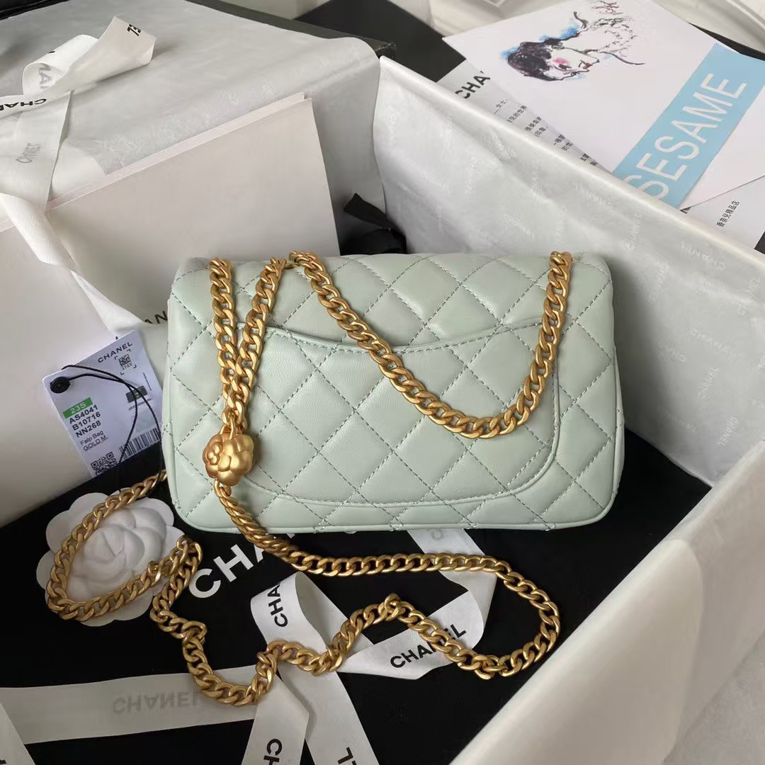 Chanel 23S AS4041 Mini Camellia Embossed Rectangular Flap Bag Antique Gold Hardware Light Green