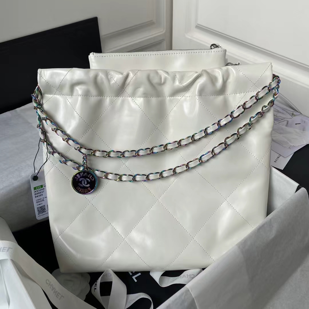 Chanel 22 AS3260 Small Bag White Calfskin Silver Gradient Hardware