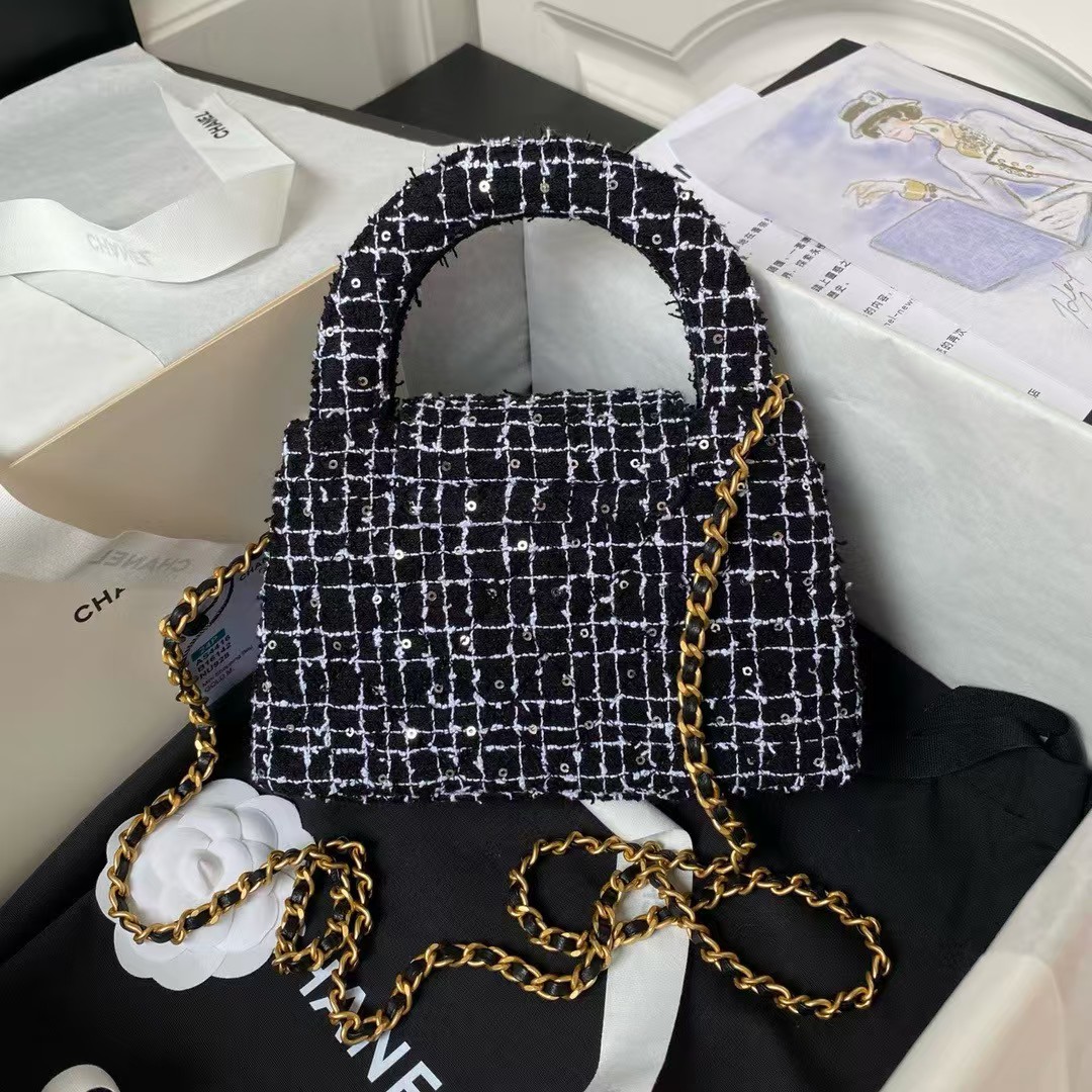 Chanel AS4416 Mini Shopping Bag Tweed and Black Calfskin Gold-Tone Metal Black and White