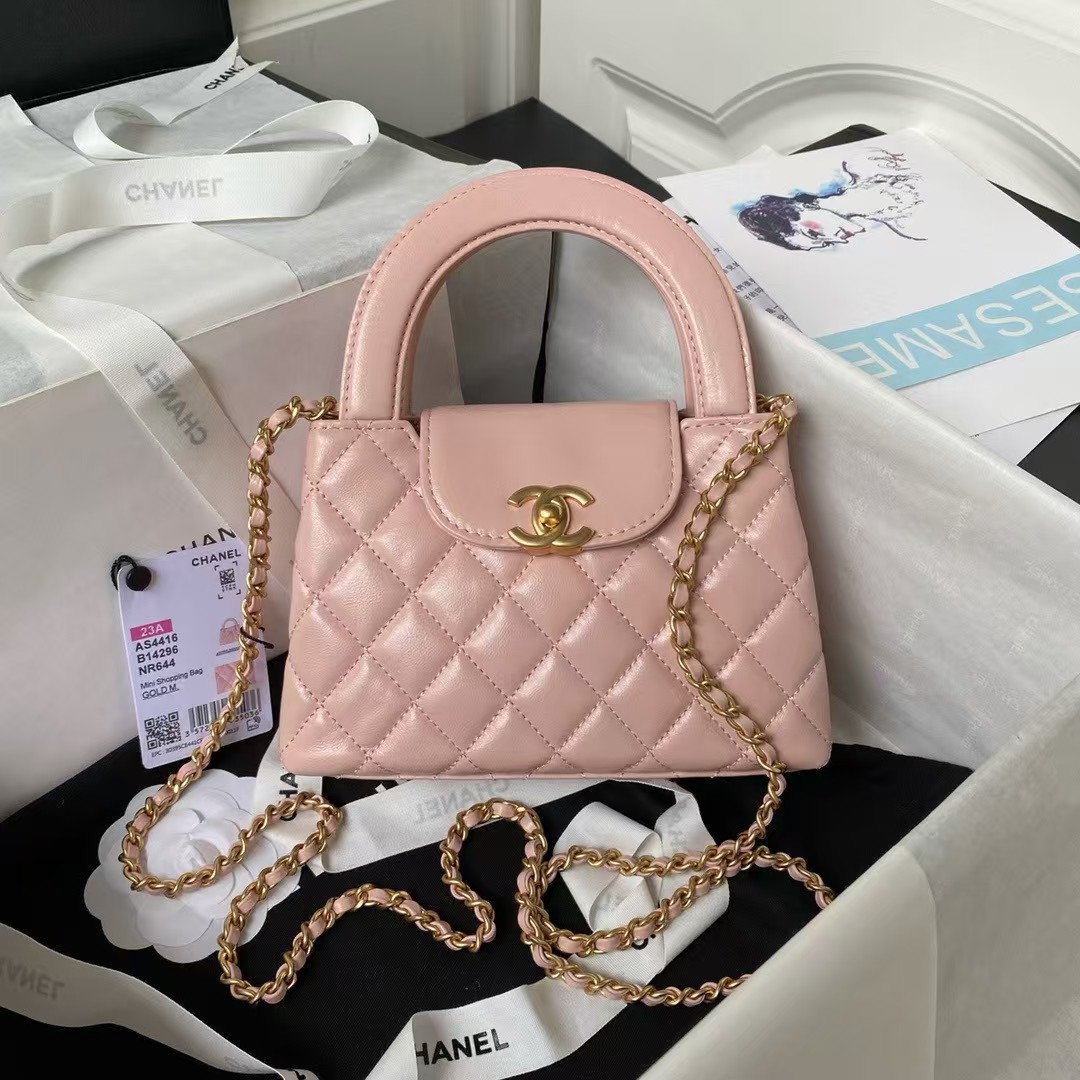 Chanel AS4416 Mini Shopping Bag Shiny Aged Calfskin Gold Tone Metal Light Pink