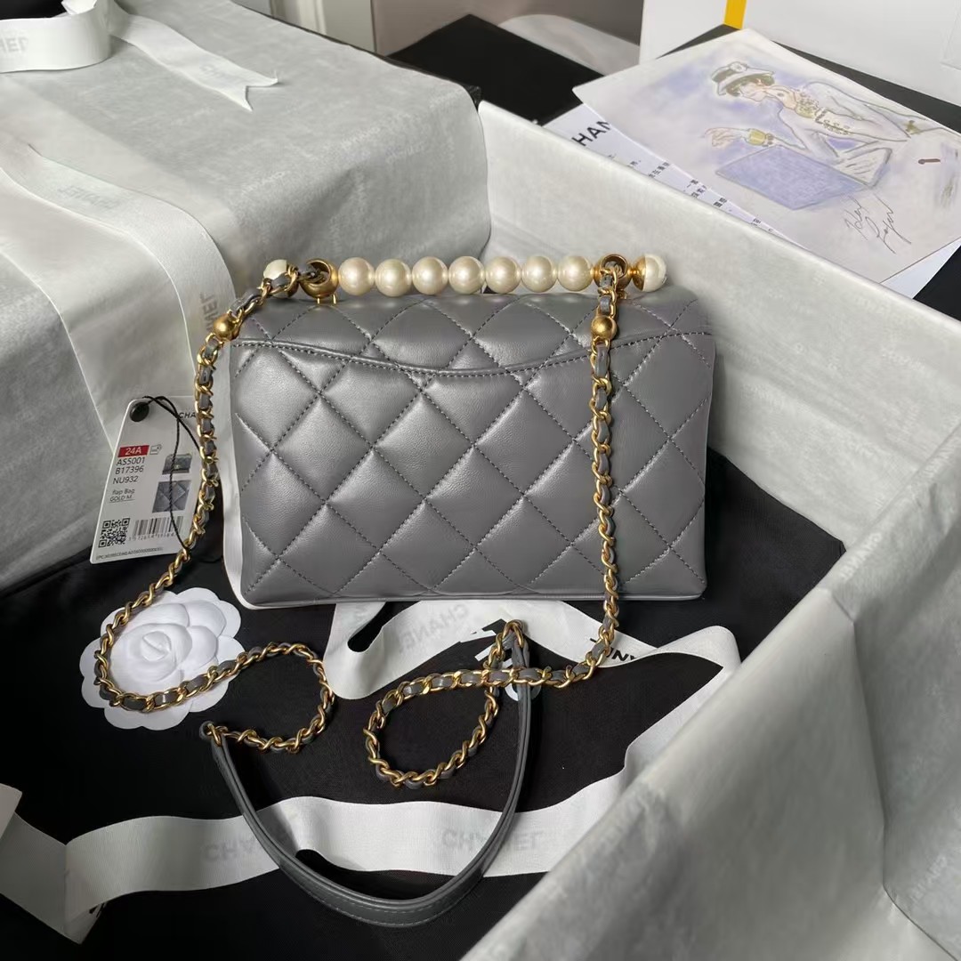Chanel AS5001 Mini Flap Bag Top Handle Shiny Lambskin Imitation Pearl & Gold Metallic Grey