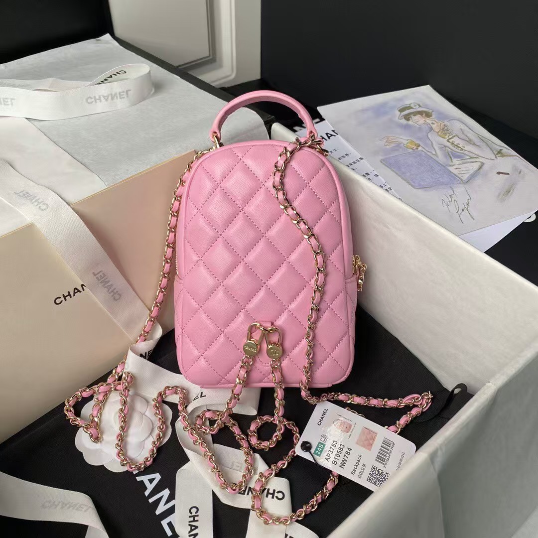 Chanel 24C AP3573 Mini Backpack Lambskin Gold Metal Pink
