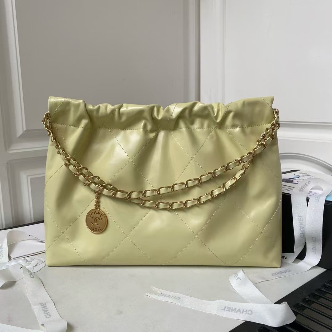 Chanel 22 Hobo Bag 24C AS4486 Gold Metallic Yellow Shiny Calfskin New Edition Horizontal