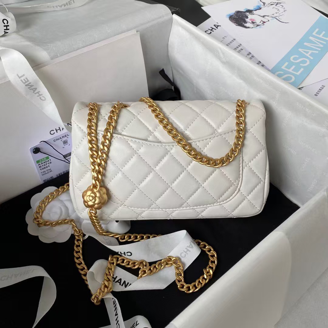 Chanel 23S AS4041 Mini Camellia Embossed Rectangular Flap Bag Antique Gold Hardware White