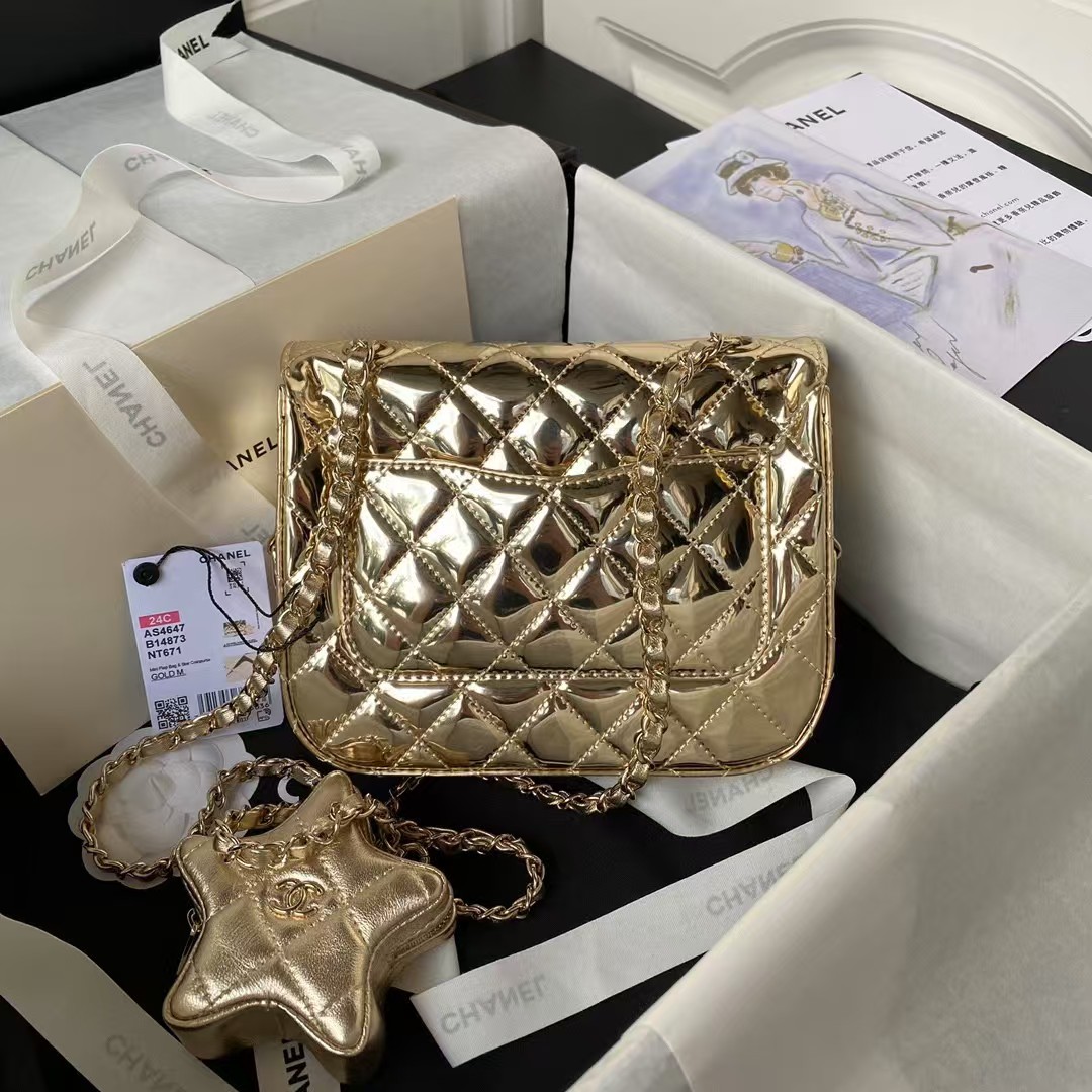 Chanel AS4647 Mini Flap Bag With Star Coin Purse Metallic Calfskin & Gold Metallic Gold