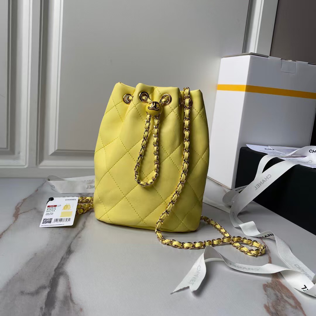 Chanel 24S AS4810 Medium CC Drawstring Backpack Shiny Lambskin Light Gold Hardware Yellow