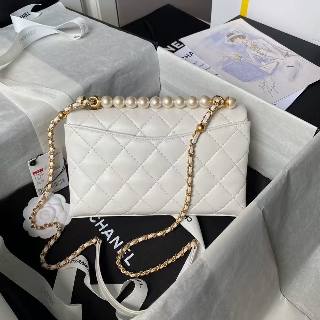 Chanel AS4997 Flap Bag Top Handle Shiny Lambskin Imitation Pearl & Gold Metal White