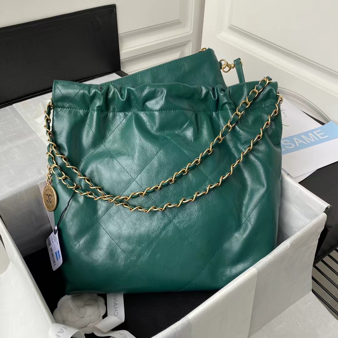 Chanel 22 AS3260 Small Bag Dark Green Calfskin Gold Hardware