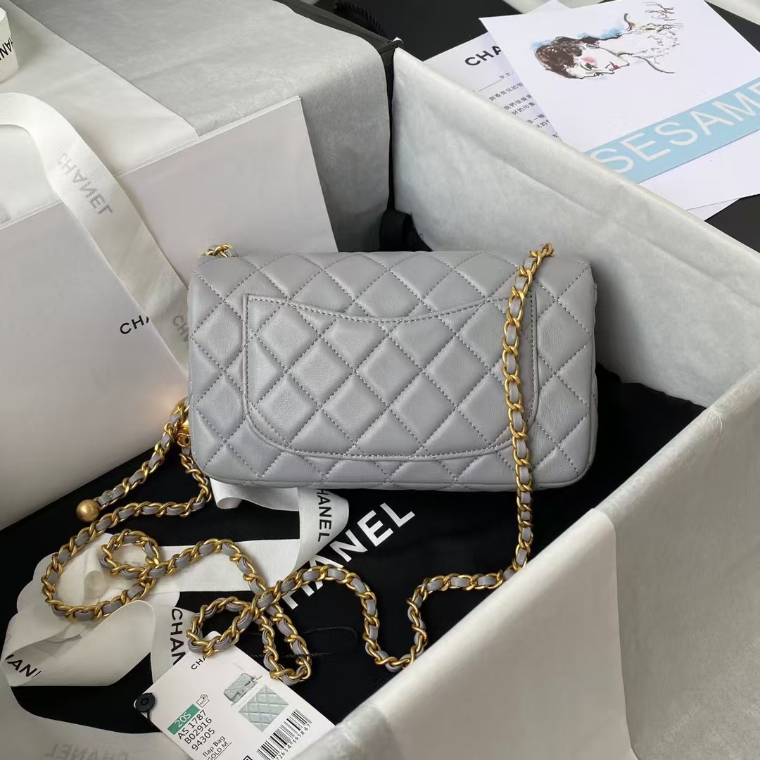 Chanel 23K AS1787 Mini Pearl Embossed Rectangular Flap Bag Lambskin Brushed Metal Hardware Light Grey