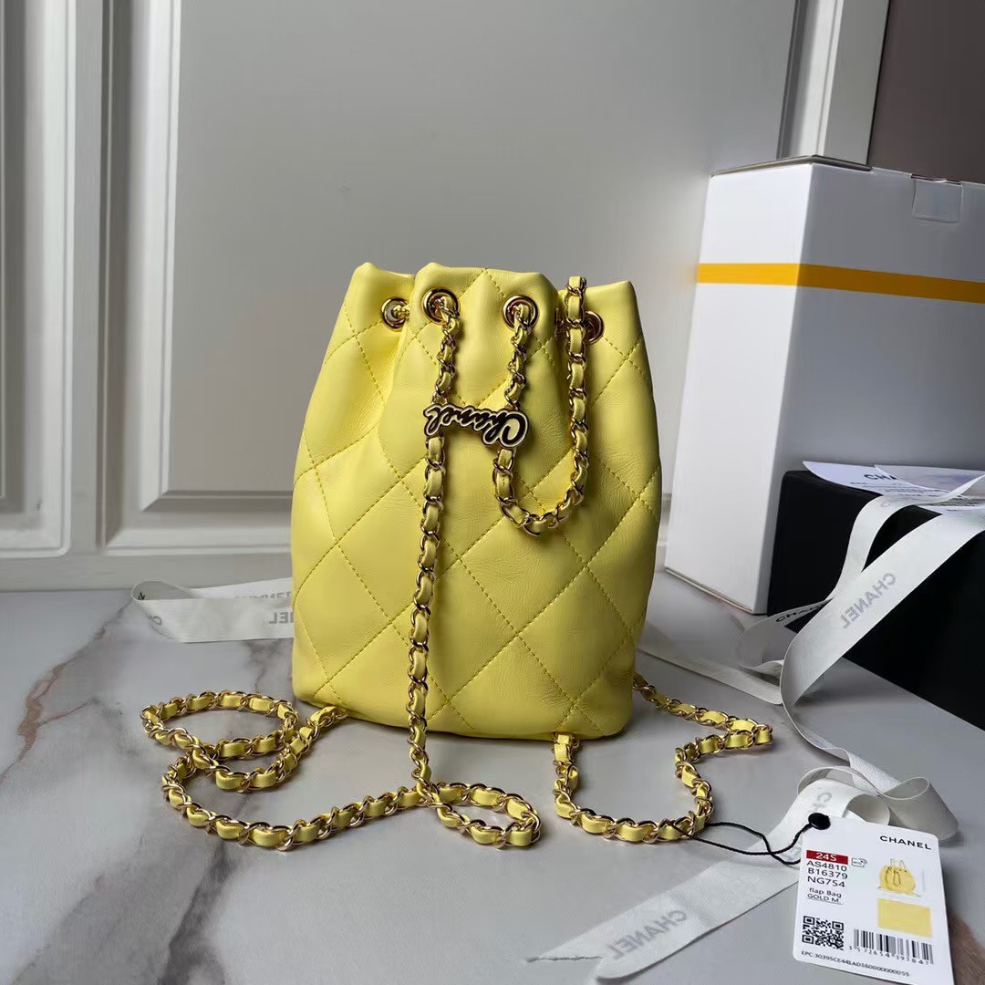 Chanel 24S AS4810 Medium CC Drawstring Backpack Shiny Lambskin Light Gold Hardware Yellow