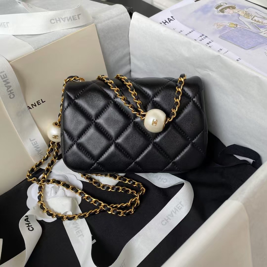 Chanel AS4868 Mini Flap Bag Pearl Lambskin Faux Pearl & Gold Metal Black
