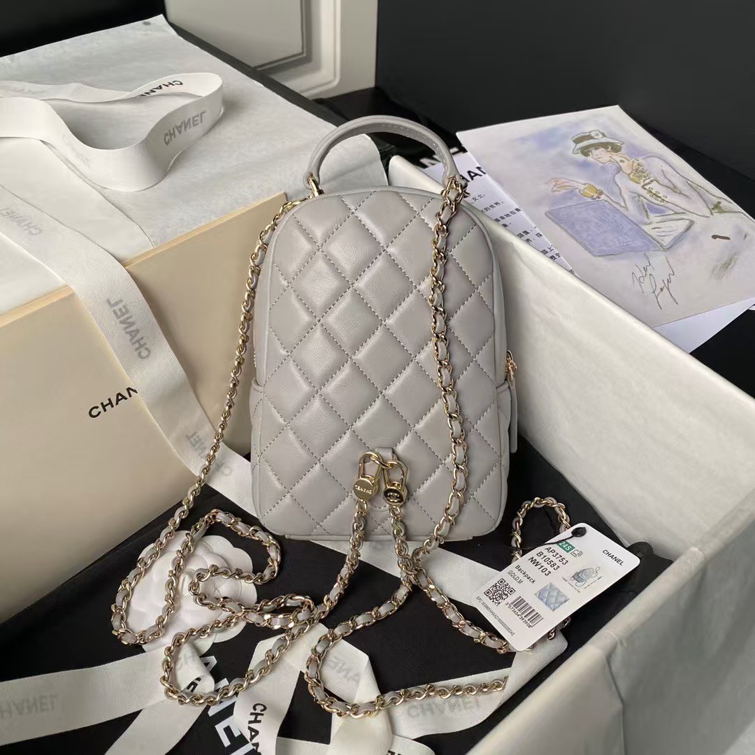 Chanel 24C AP3573 Mini Backpack Lambskin Gold Metal Grey