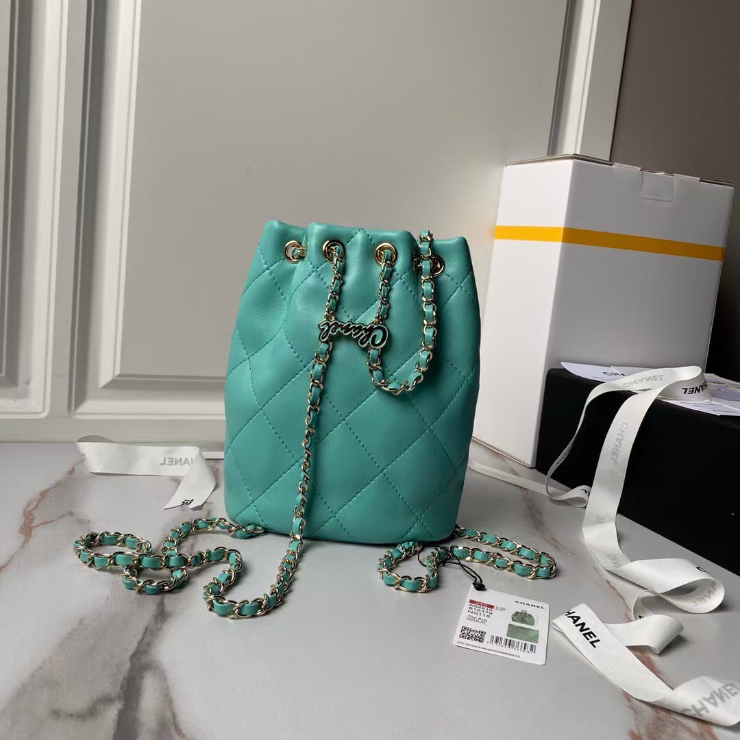 Chanel 24S AS4810 Medium CC Drawstring Backpack Shiny Lambskin Light Gold Hardware Green