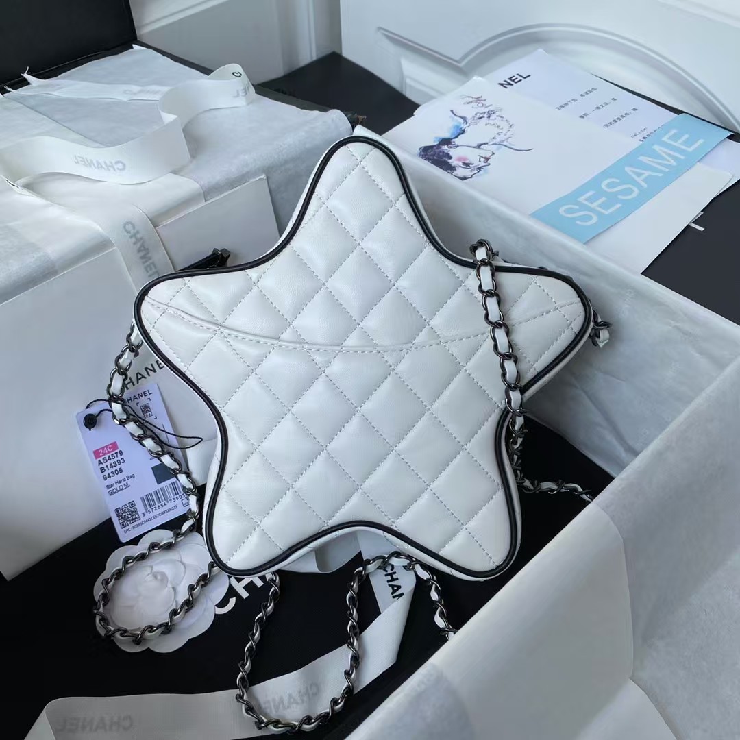 Chanel 24C AS4579 Star Bag White and Black Satin Black Metal Hardware
