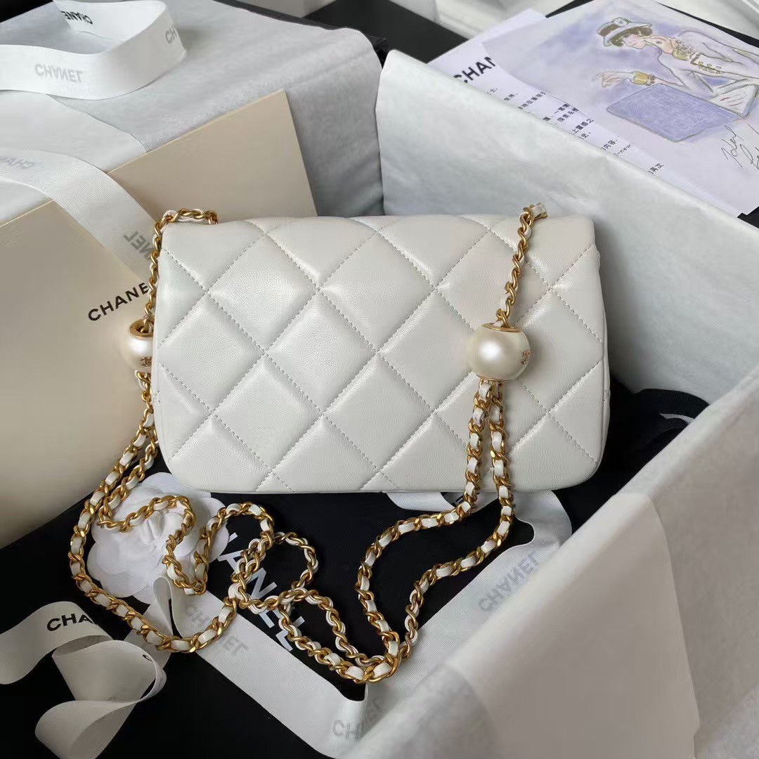 Chanel AS4861 Small Flap Bag Pearl Lambskin Faux Pearl & Gold Metal White