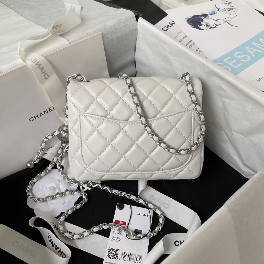 Chanel 23C AS1786 Mini Square Pearl Embossed Flap Bag Antique Silver Hardware White