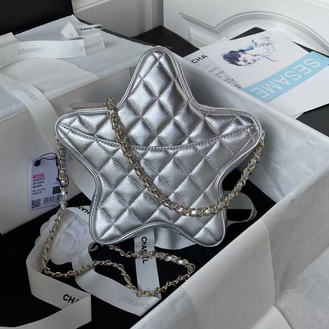 Chanel 24C AS4579 Star Bag Metallic Silver Lambskin Gold Hardware