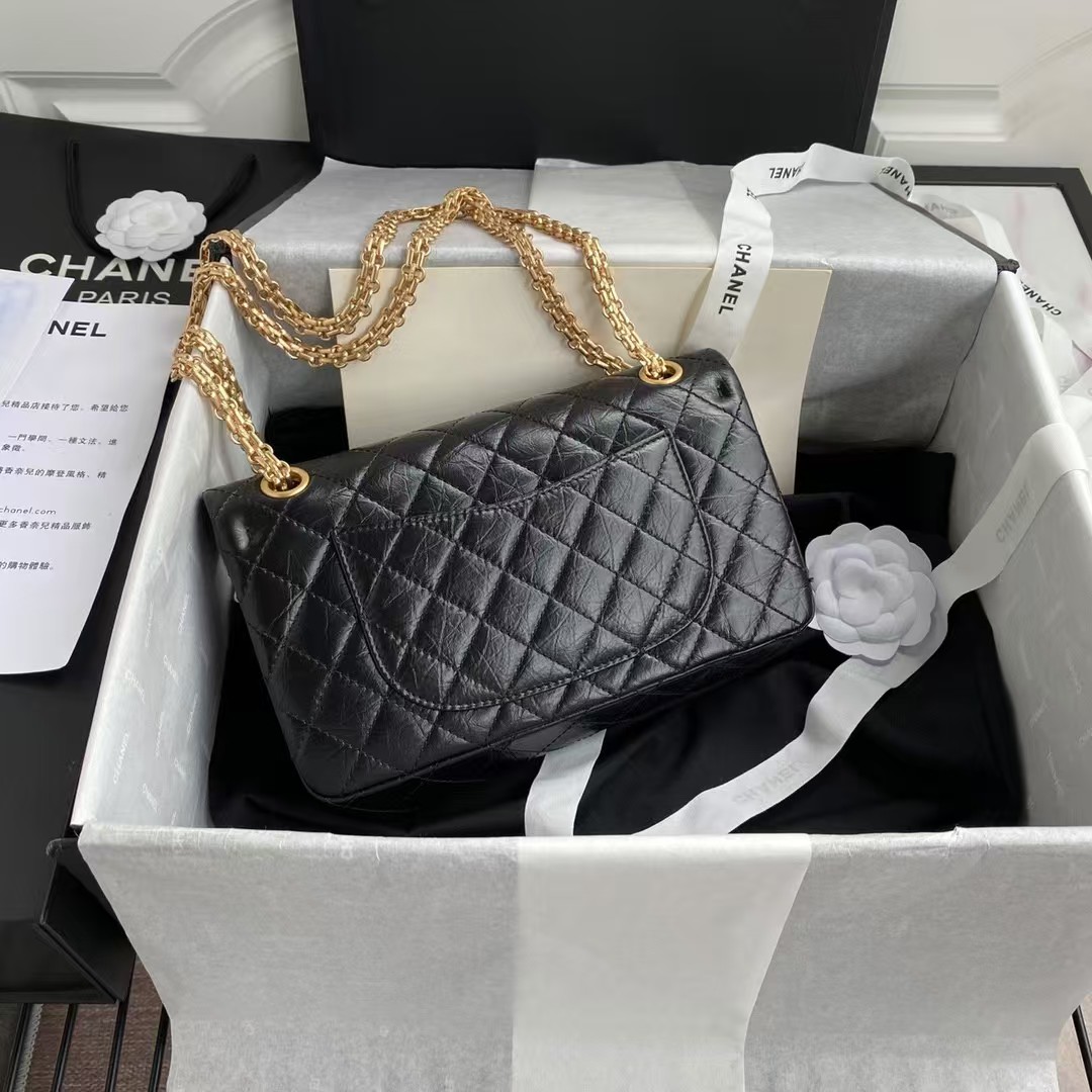 Chanel 23A Classic Medium 2.55 Flap Bag Black Distressed Calfskin Gold Hardware
