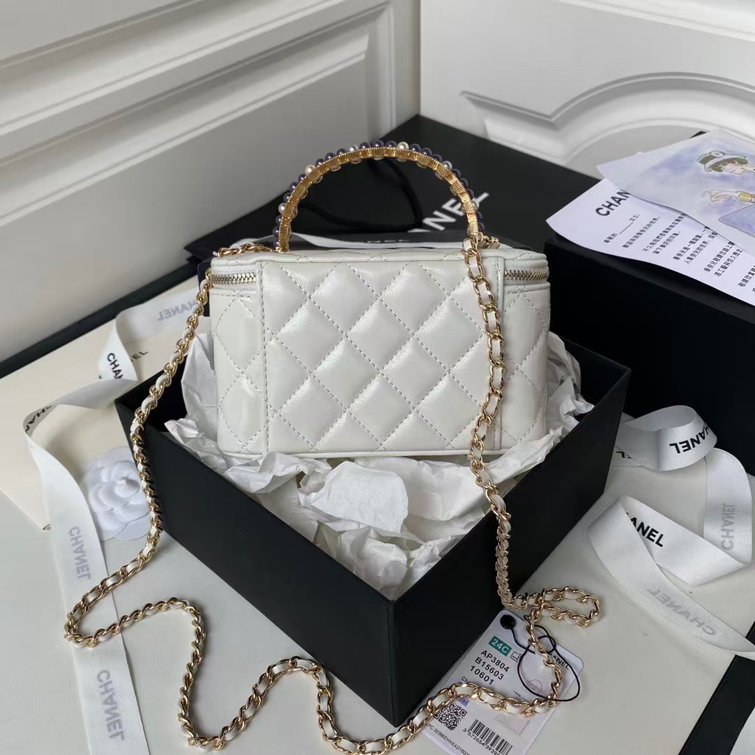 Chanel AP3804 Clutch Lambskin Cosmetic Bag With Pearl Handle White