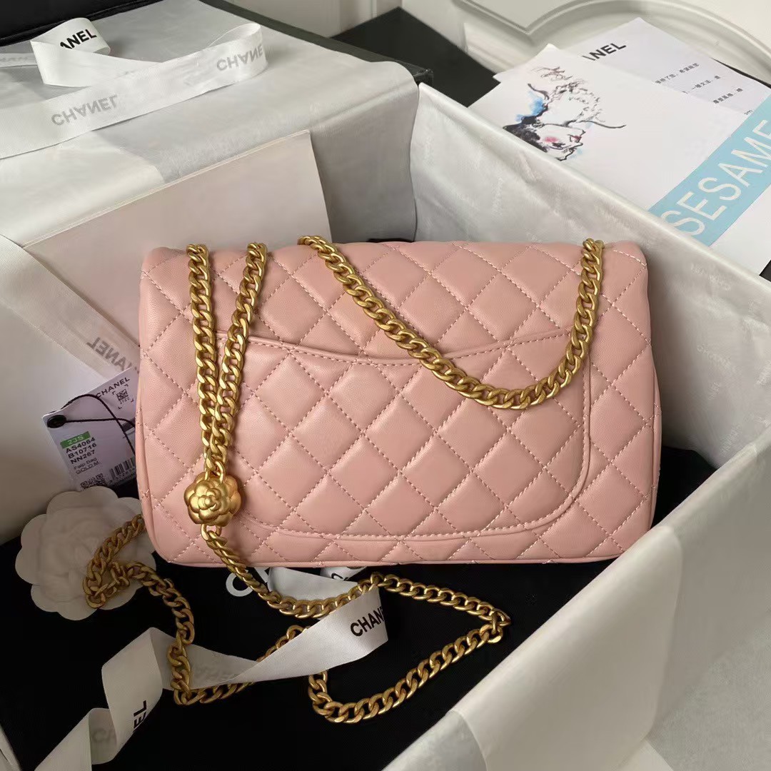 Chanel 23S AS4064 Camellia Embossed Chain Lambskin Flap Bag Light Pink