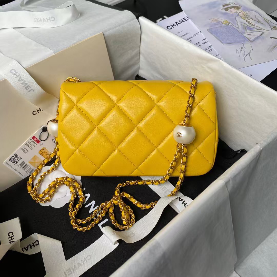 Chanel AS4861 Small Flap Bag Pearl Lambskin Faux Pearl & Gold Metal Yellow