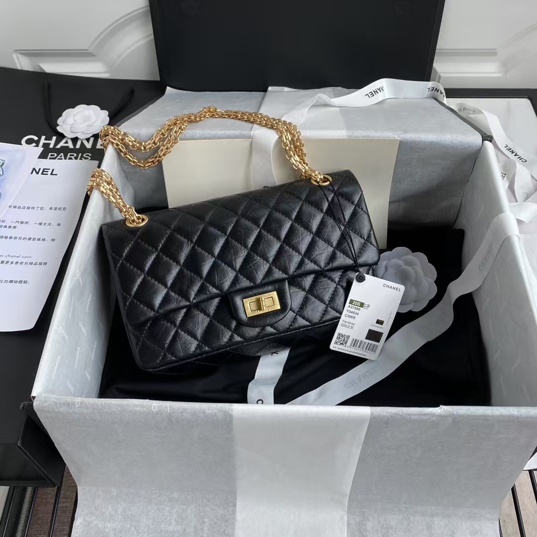 Chanel 23A Classic Medium 2.55 Flap Bag Black Distressed Calfskin Gold Hardware