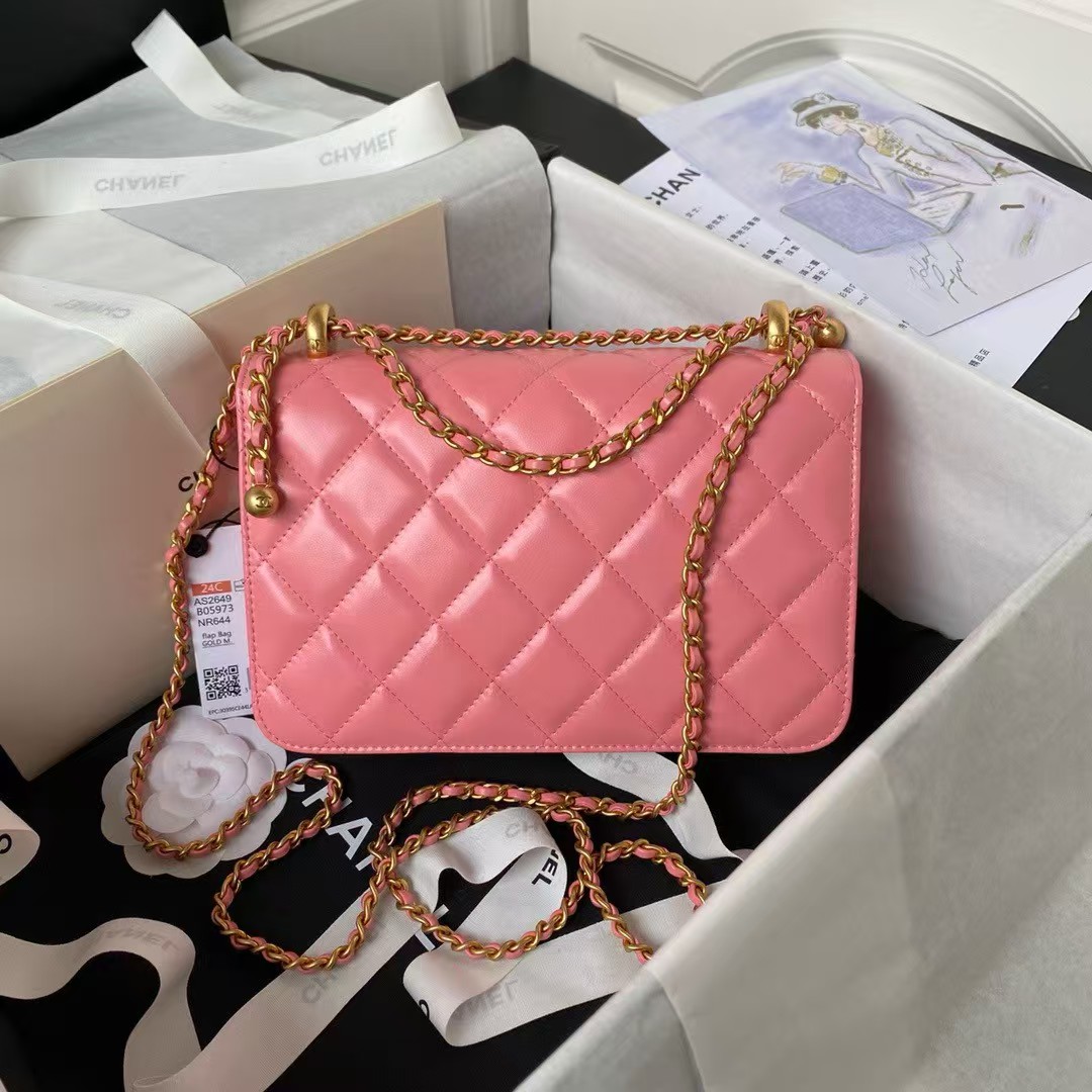 Chanel AS2649 Chain Bag Gold Charm Small Vintage Calfskin Bag Dark Pink
