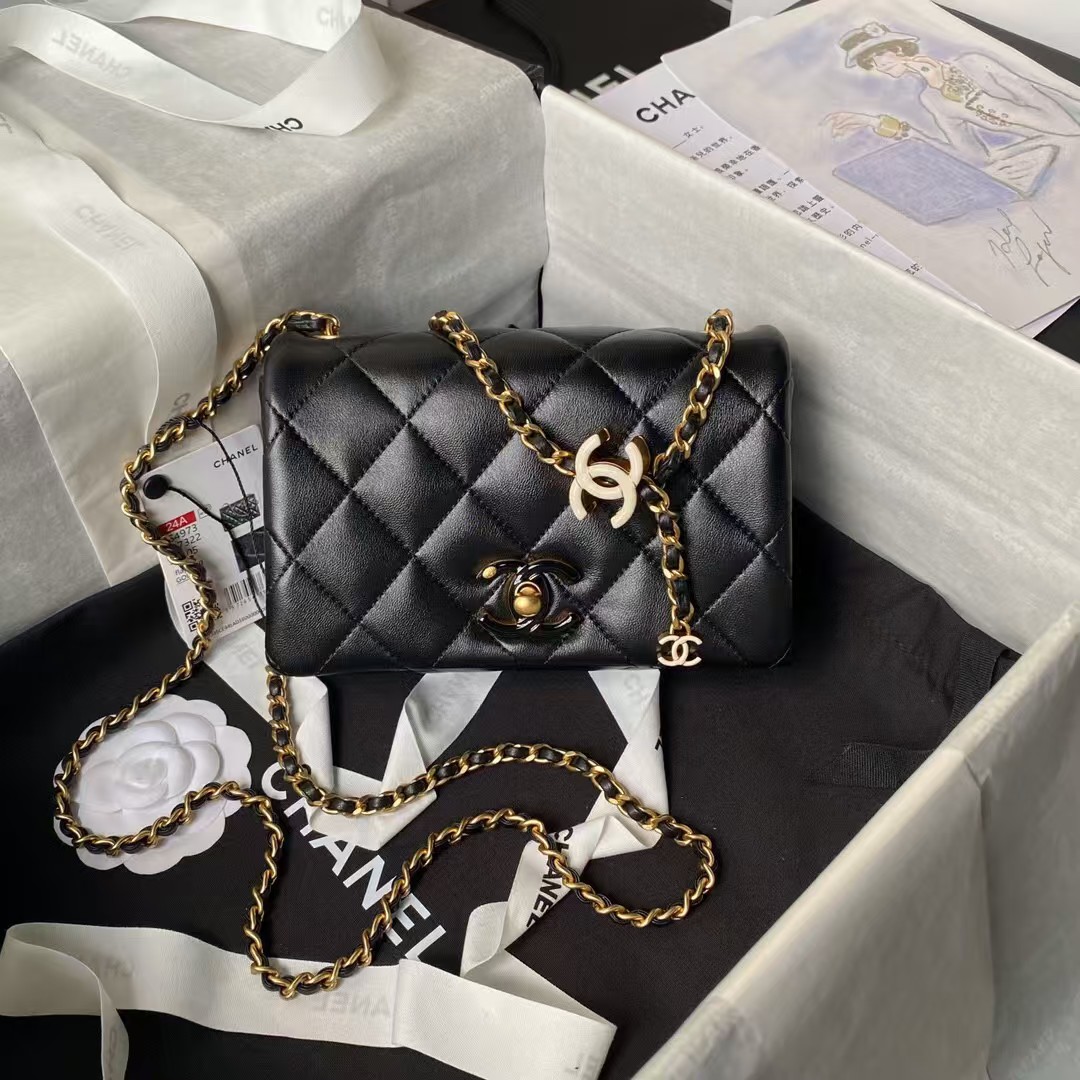Chanel AS4973 Mini Flap Bag Shiny Lambskin Enamel & Gold Metal Black