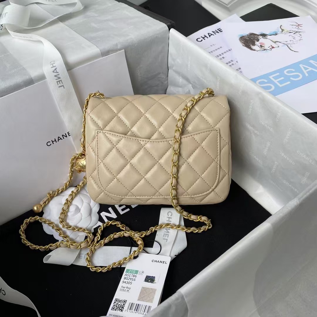Chanel 23C AS1786 Mini Square Pearl Embossed Flap Bag Antique Gold Hardware Apricot
