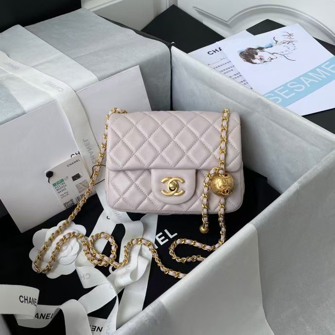 Chanel 23C AS1786 Mini Square Pearl Embossed Flap Bag Antique Gold Hardware Light Pink