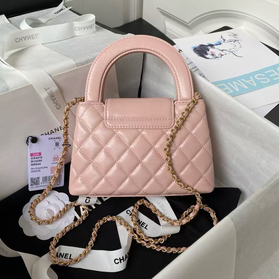 Chanel AS4416 Mini Shopping Bag Shiny Aged Calfskin Gold Tone Metal Light Pink