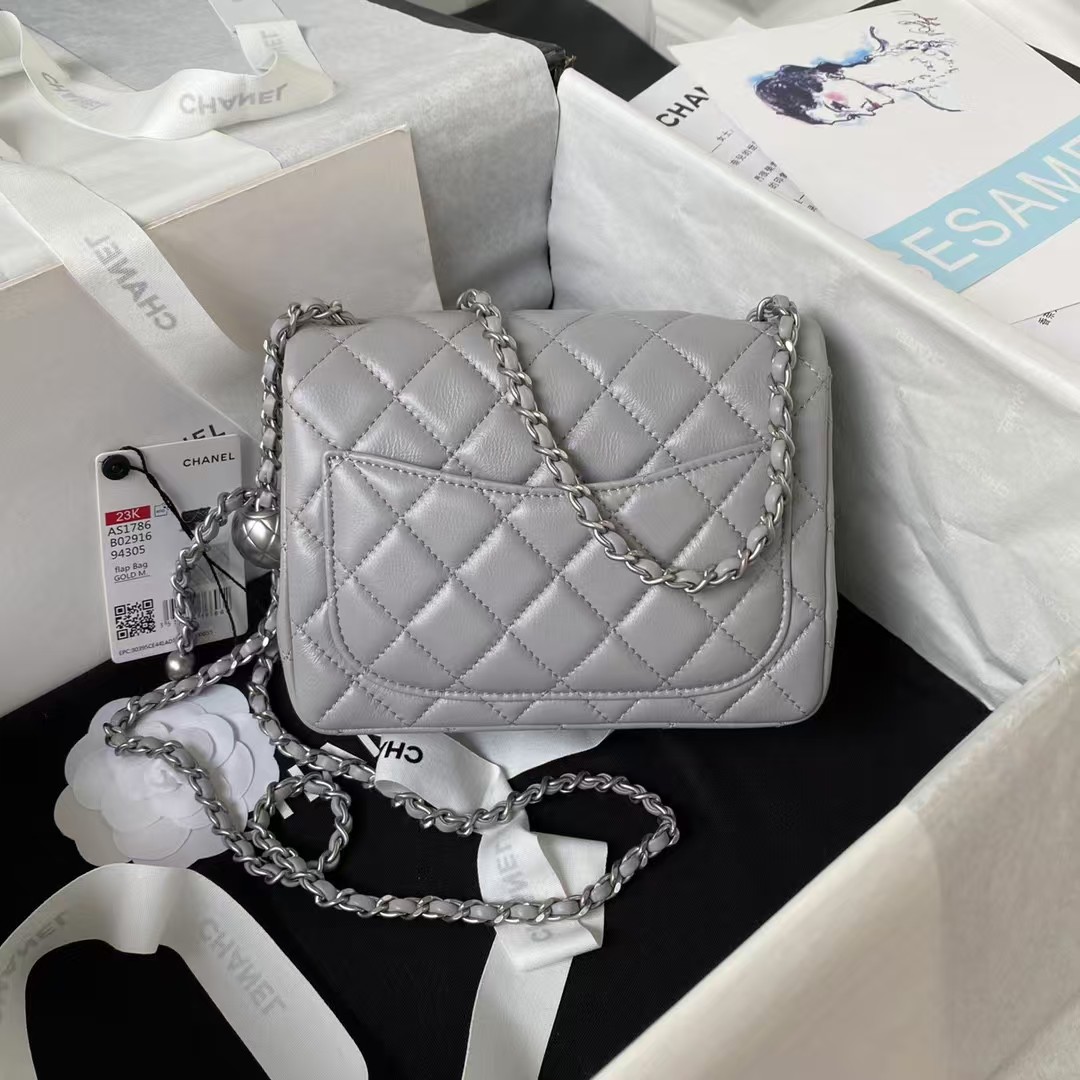 Chanel 23C AS1786 Mini Square Pearl Embossed Flap Bag Antique Silver Hardware Grey