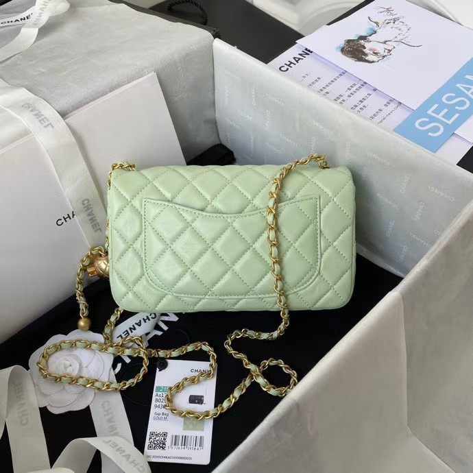 Chanel 23K AS1787 Mini Pearl Embossed Rectangular Flap Bag Lambskin Brushed Metal Hardware Light Green