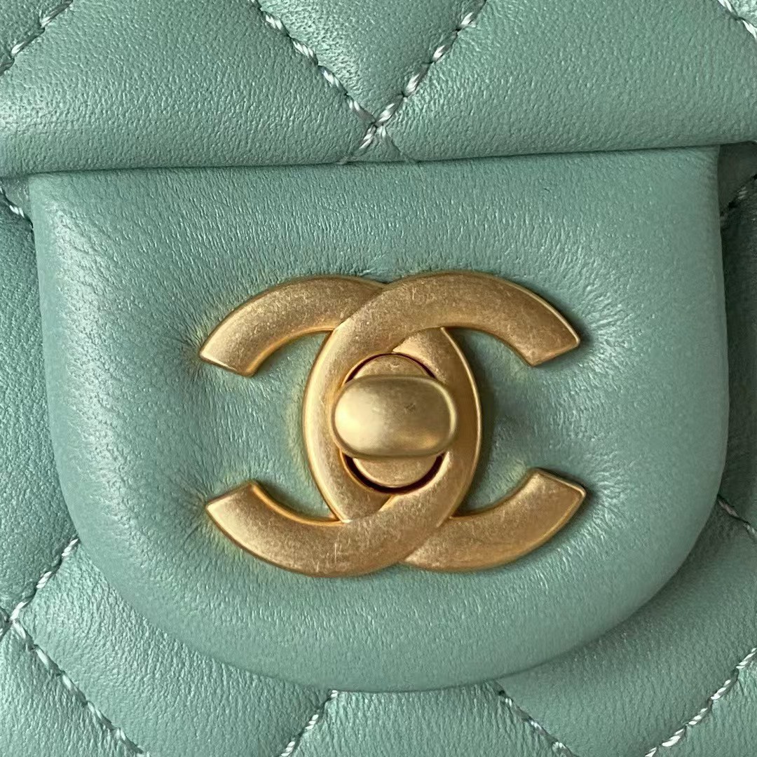 Chanel 23S AS4041 Mini Camellia Embossed Rectangular Flap Bag Antique Gold Hardware Green