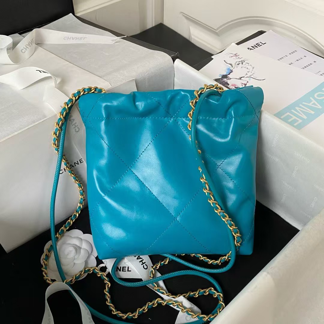 Chanel 22 AS3980 Mini Tote Shiny Calfskin & Gold-Tone Metal Lake Blue