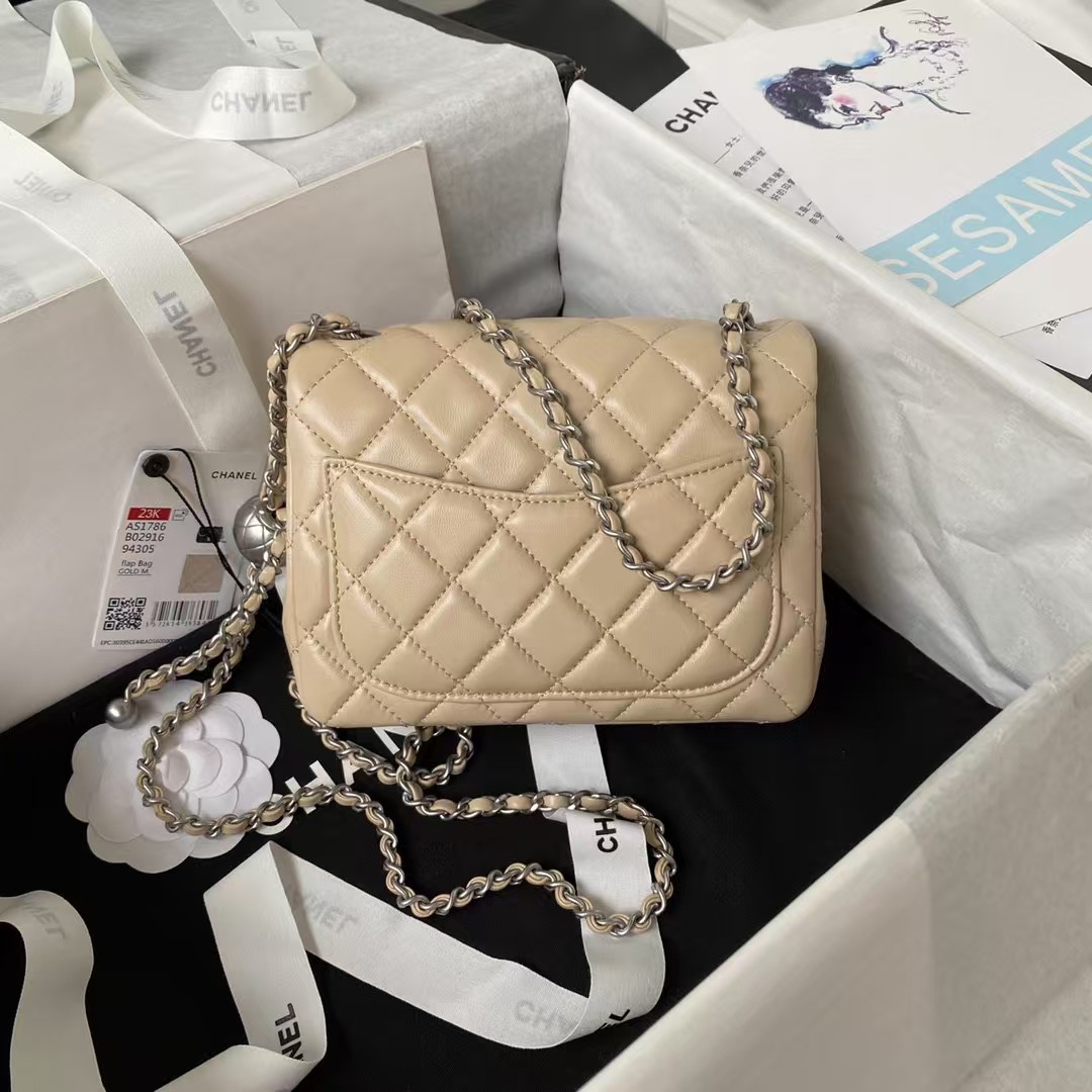 Chanel 23C AS1786 Mini Square Pearl Embossed Flap Bag Antique Silver Hardware Apricot