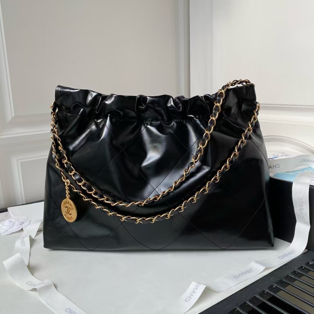 Chanel 22 Hobo Bag 24C AS4486 Gold Metallic Black Shiny Calfskin New Edition Horizontal