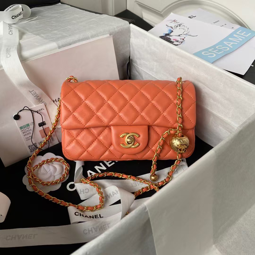 Chanel 23K AS1787 Mini Pearl Embossed Rectangular Flap Bag Lambskin Brushed Metal Hardware Orange